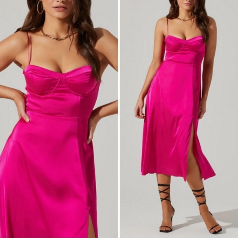 ASTR Hot Pink Satin Midi Slip Dress with Bustier Medium